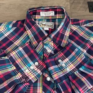Men's VTG New Frontier Big Yank Blue Plaid Western Pearl Snap Shirt Cowboy L